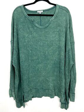 White Birch Waffle Knit Long Sleeve Top Green Mineral Wash Raw Edge 2X